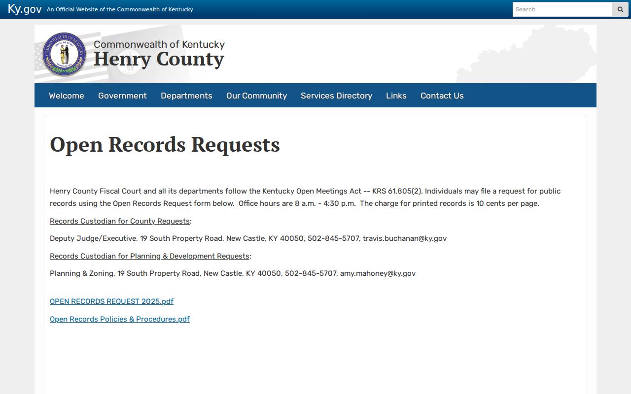 Henry County Kentucky open-records request page