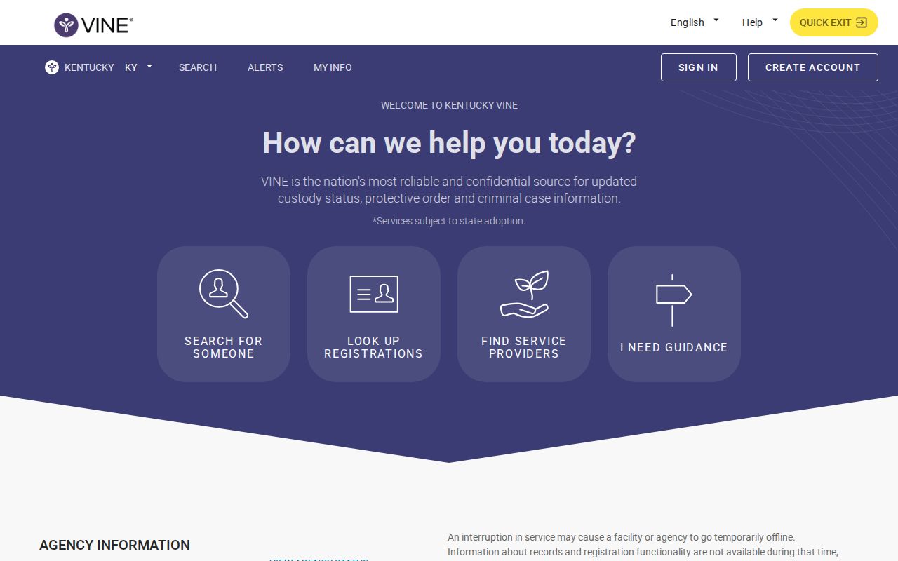 Kentucky VINELink custody search and notification page